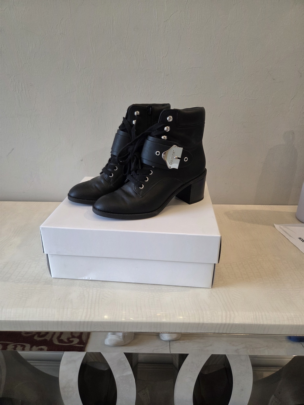 Calvin Klein Pahi Black Leather Ankle Boots Silver Buckle Size 7